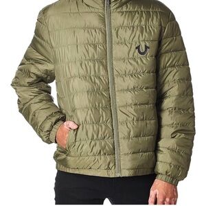 True Religion Men's Olive Green Puffer Jacket Logo Zip